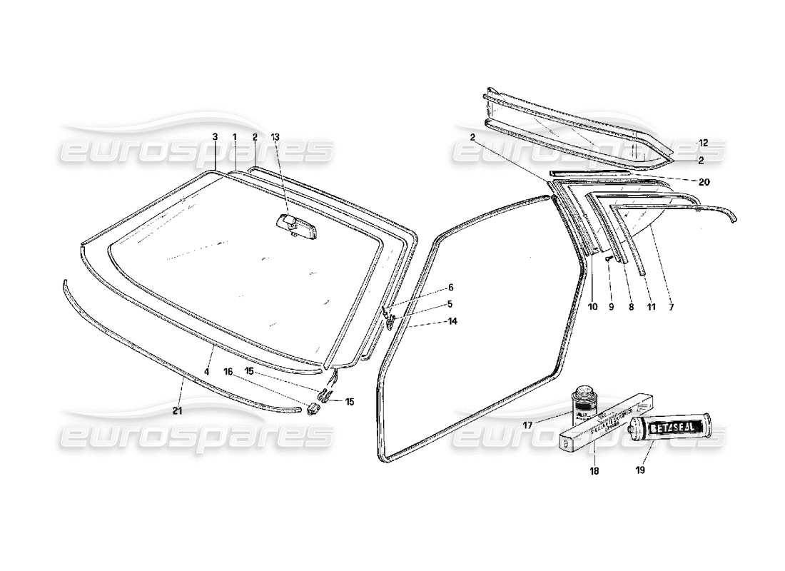 ferrari f40 diagramma delle parti di vetri scorrevoli e guarnizioni