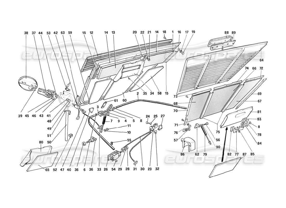 ferrari mondial 3.2 qv (1987) diagramma delle parti del vano motore e della moquette