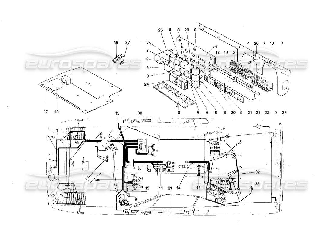 ferrari 308 quattrovalvole (1985) impianto elettrico: diagramma delle parti di cavi, fusibili e relè