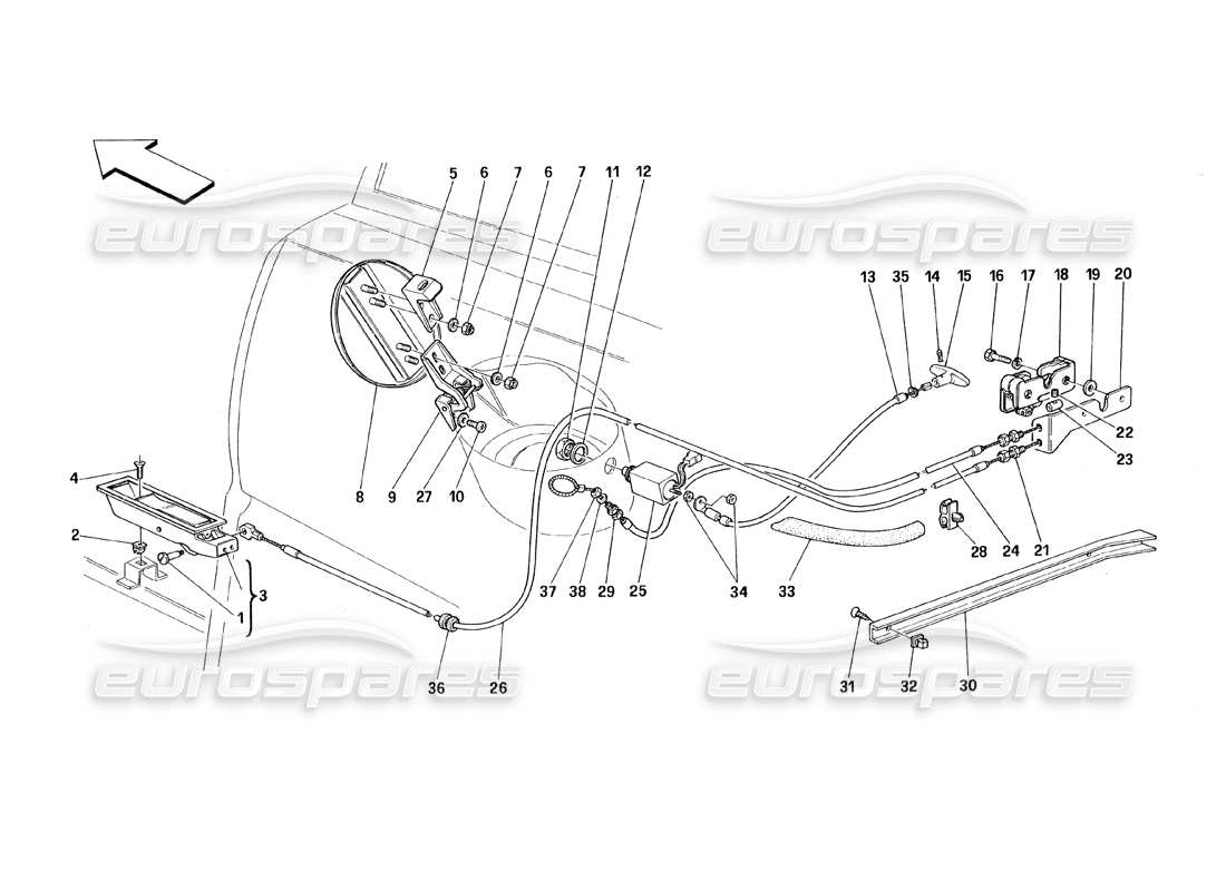 ferrari 348 (1993) tb / ts schema delle parti dei dispositivi di apertura del cofano posteriore e della porta del gas