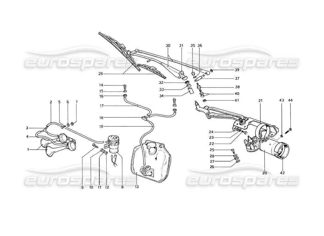 ferrari 365 gt4 berlinetta boxer schema delle parti di tergicristallo, rondella e clacson