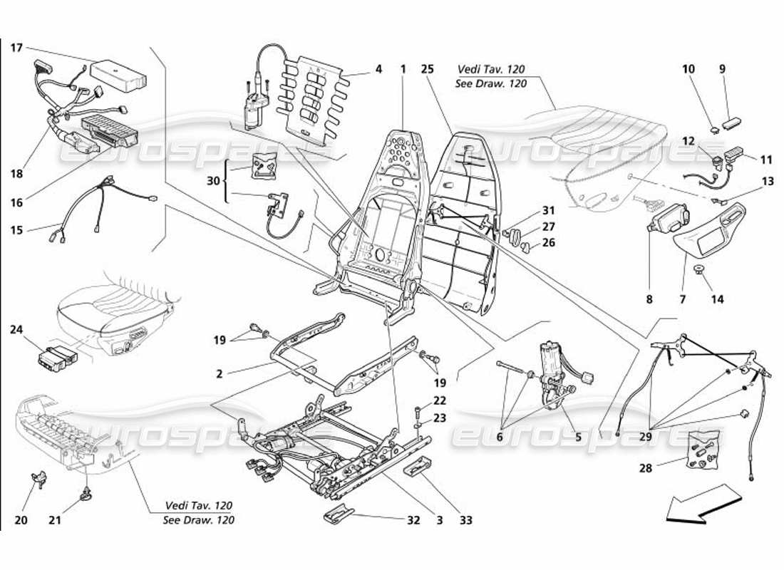 maserati 4200 coupe (2005) sedile anteriore: schema delle parti di guida e movimento