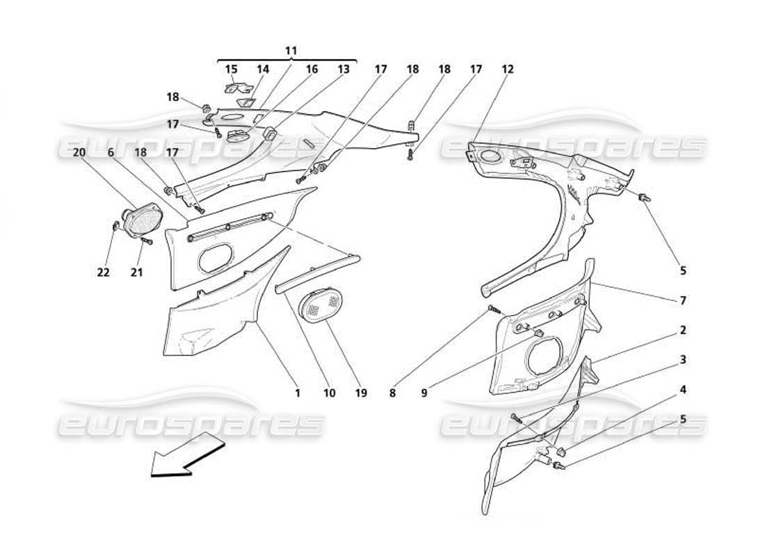 maserati 4200 coupe (2005) rivestimenti interni: diagramma delle parti della copertura del montante e della modanatura posteriore