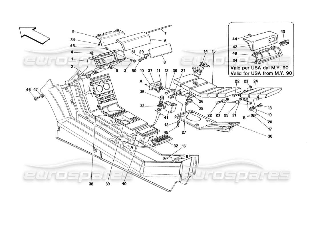 ferrari 348 (1993) tb / ts tunnel - diagramma delle parti degli accessori