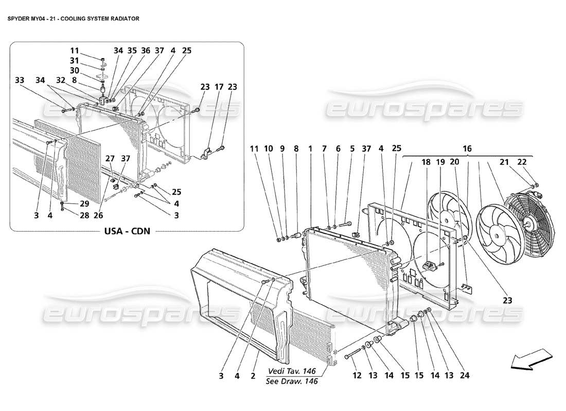 maserati 4200 spyder (2004) schema delle parti del radiatore del sistema di raffreddamento