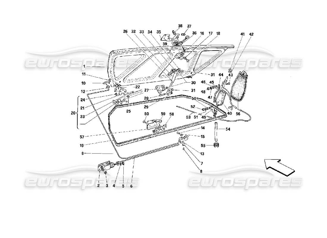 ferrari mondial 3.4 t coupe/cabrio diagramma delle parti del coperchio del vano bagagli