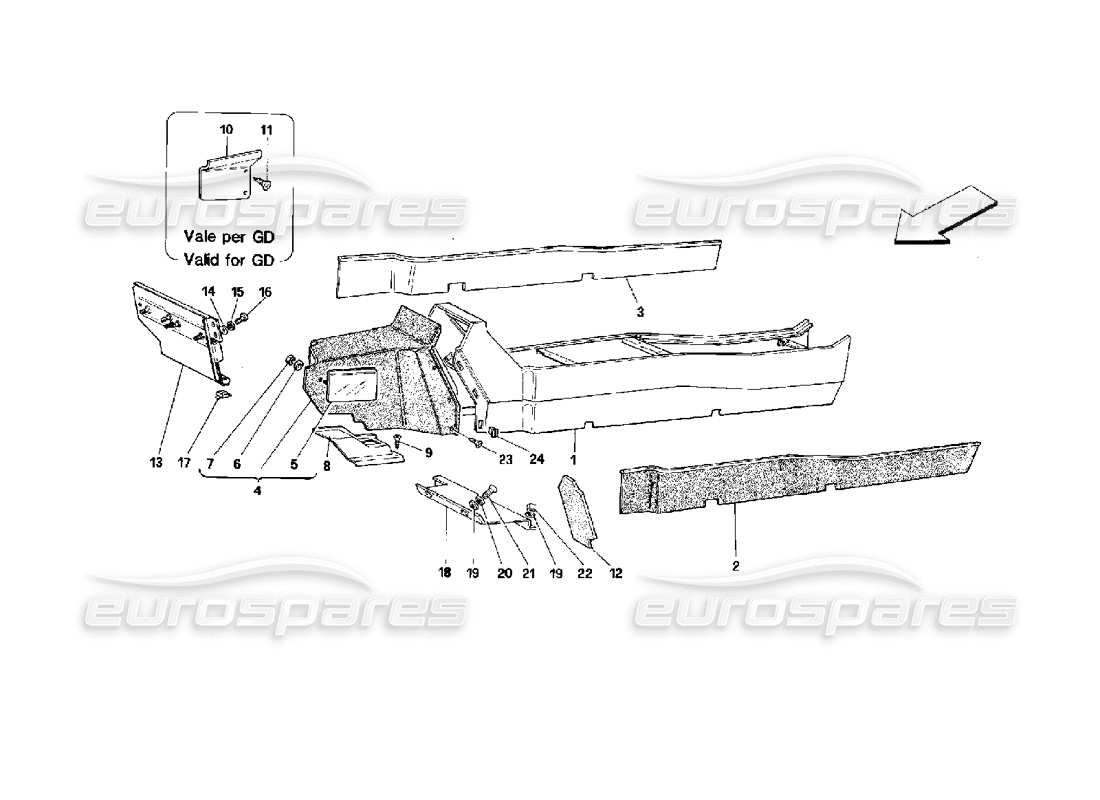 ferrari mondial 3.4 t coupe/cabrio tunnel - struttura e rivestimenti - diagramma delle parti della cabriolet