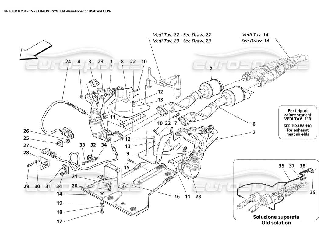 maserati 4200 spyder (2004) variazioni del sistema di scarico per usa e cdn diagramma delle parti