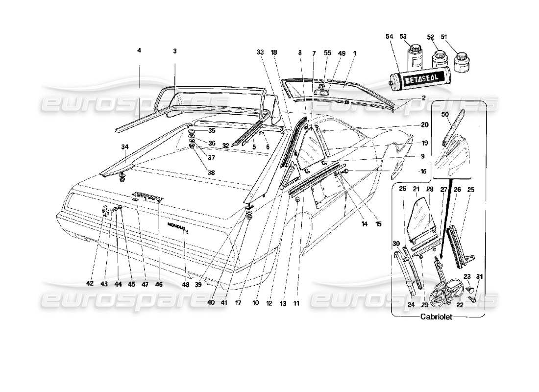 ferrari mondial 3.4 t coupe/cabrio vetri e finiture esterne diagramma delle parti