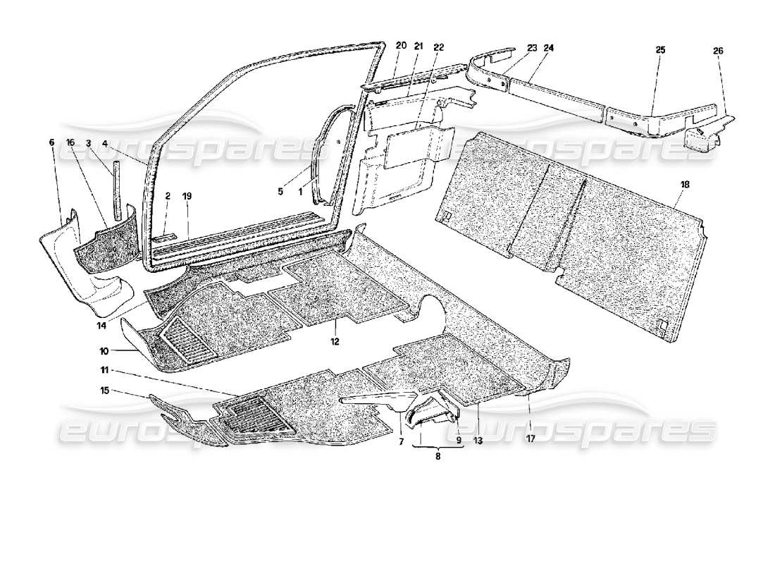 ferrari mondial 3.4 t coupe/cabrio tappeti e rivestimenti interni - schema delle parti della coupé