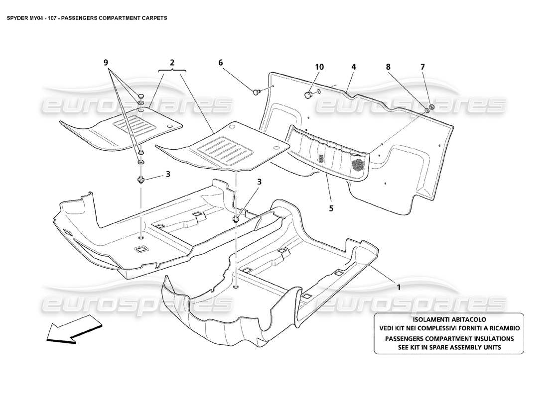 maserati 4200 spyder (2004) schema delle parti della moquette dell'abitacolo passeggeri