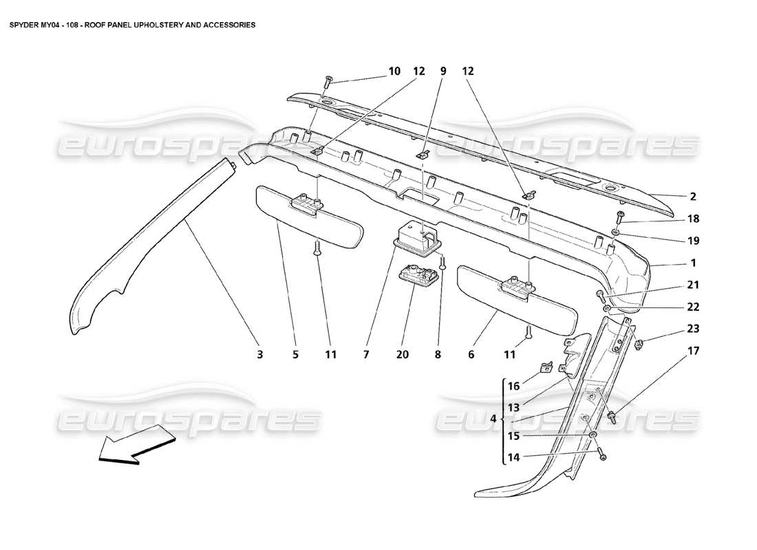 maserati 4200 spyder (2004) schema delle parti della tappezzeria e degli accessori del pannello del tetto