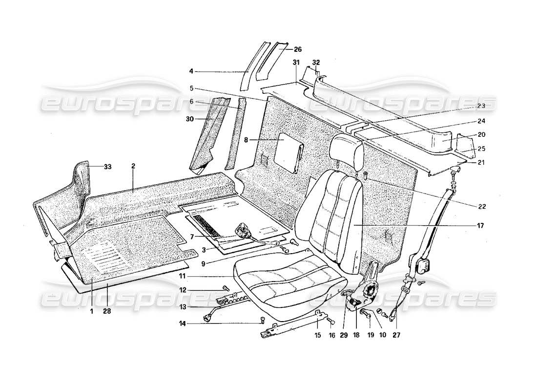 ferrari 308 quattrovalvole (1985) schema delle parti di rivestimenti interni, accessori e sedili