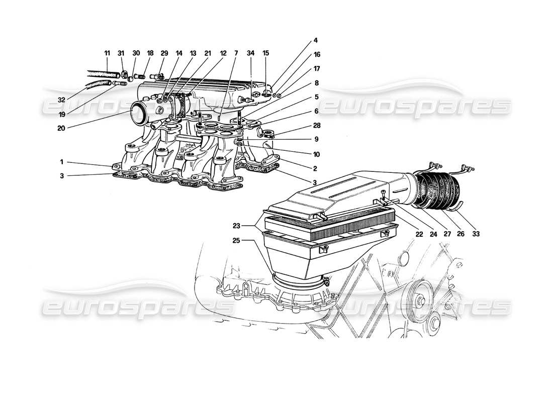 ferrari 308 quattrovalvole (1985) diagramma delle parti della presa d'aria e dei collettori