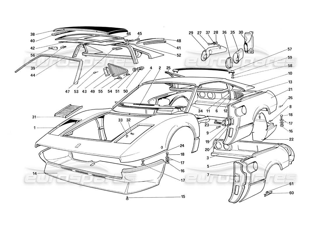 ferrari 308 quattrovalvole (1985) scocca - diagramma delle parti degli elementi esterni