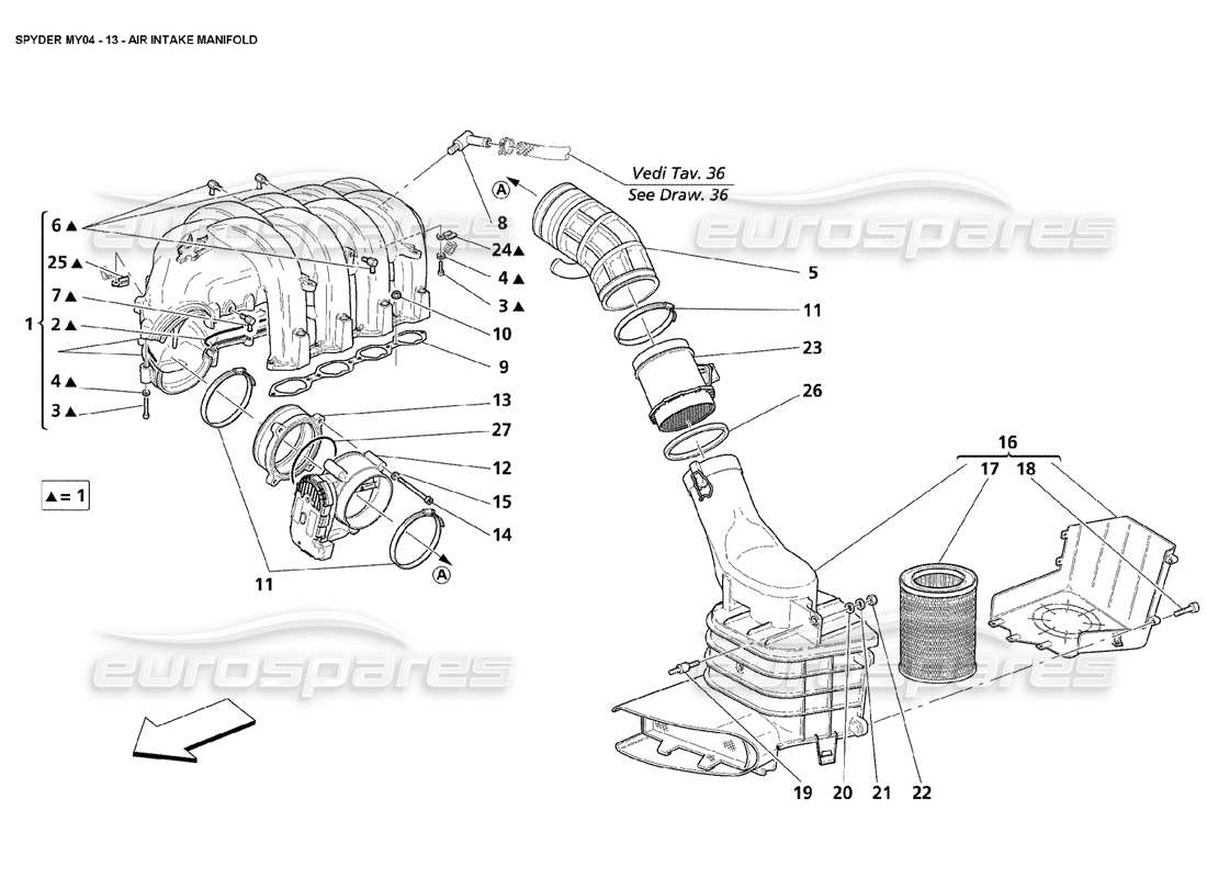 maserati 4200 spyder (2004) diagramma delle parti del collettore di aspirazione dell'aria