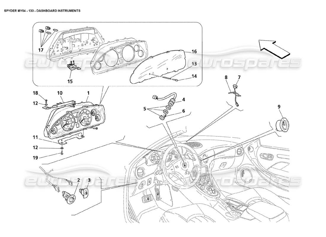 maserati 4200 spyder (2004) strumenti del cruscotto diagramma delle parti