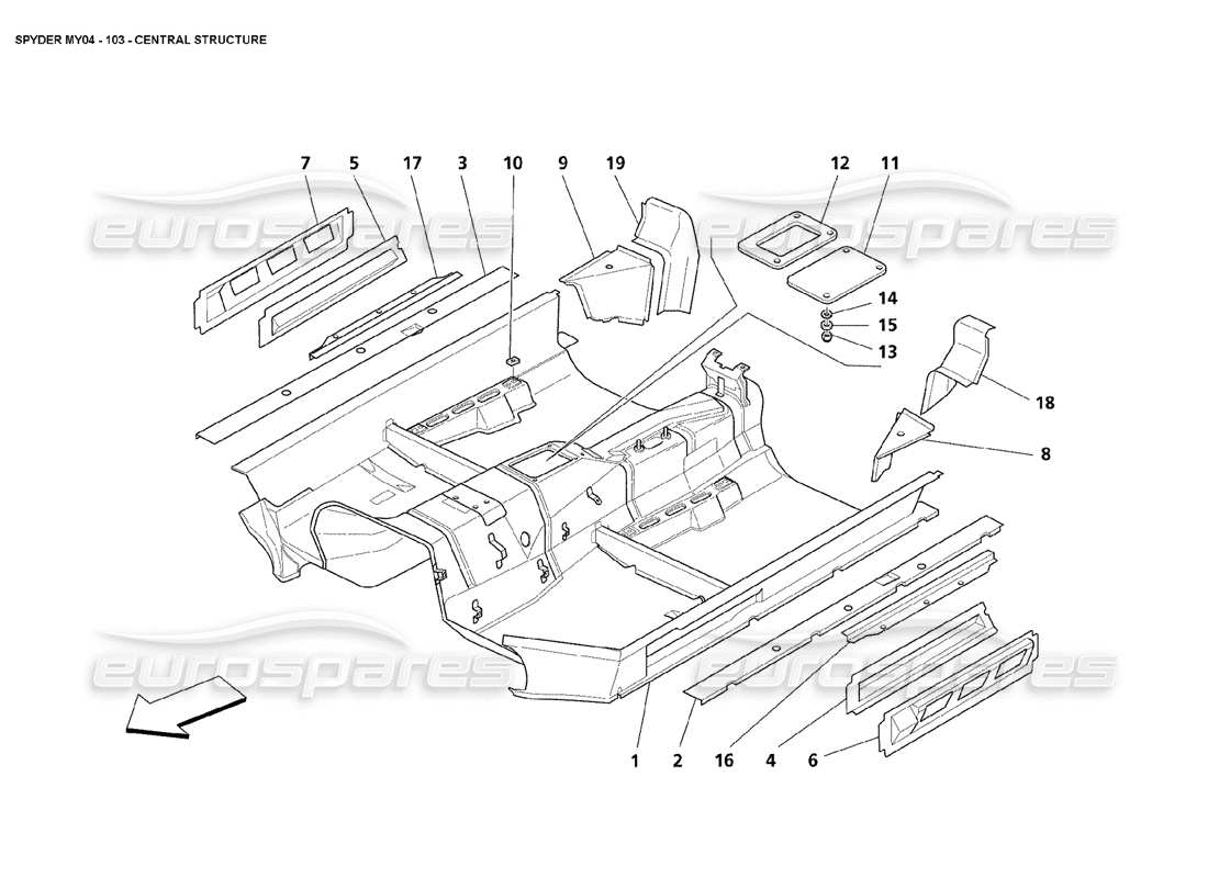 maserati 4200 spyder (2004) diagramma delle parti della struttura centrale