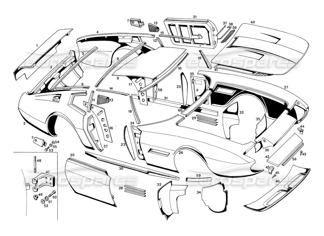 un diagramma delle parti dal catalogo delle parti maserati ghibli (1967-1973)