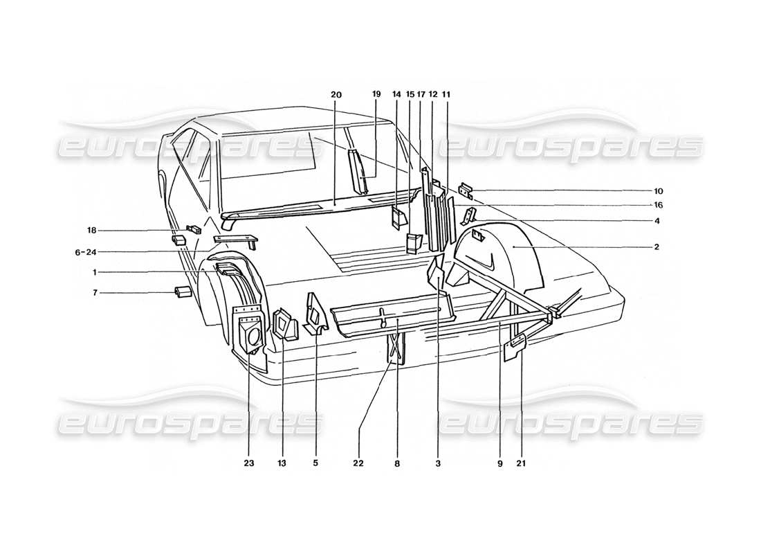uno schema delle parti dal catalogo delle parti Ferrari 400 GT / 400i (Carrozzeria).