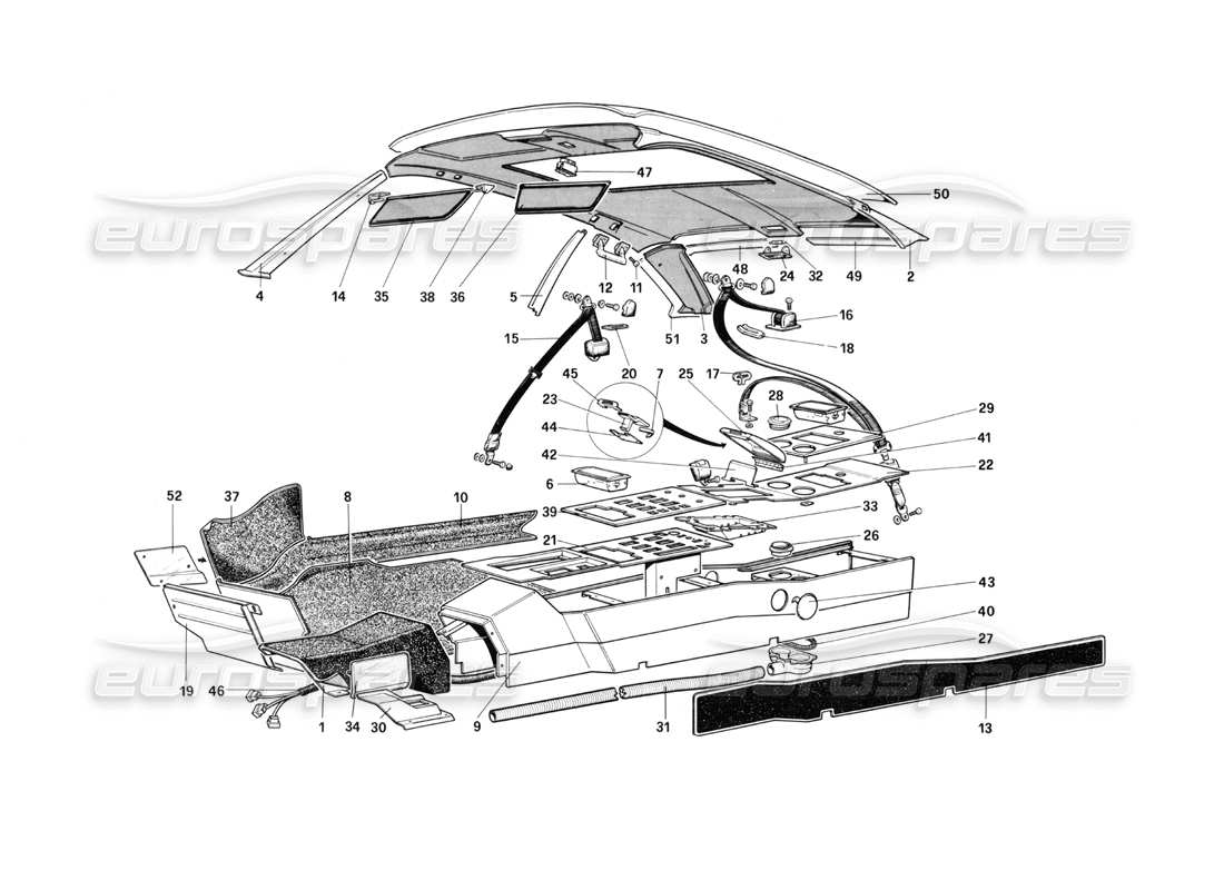 ferrari mondial 3.0 qv (1984) tetto, tunnel e cinture di sicurezza diagramma delle parti