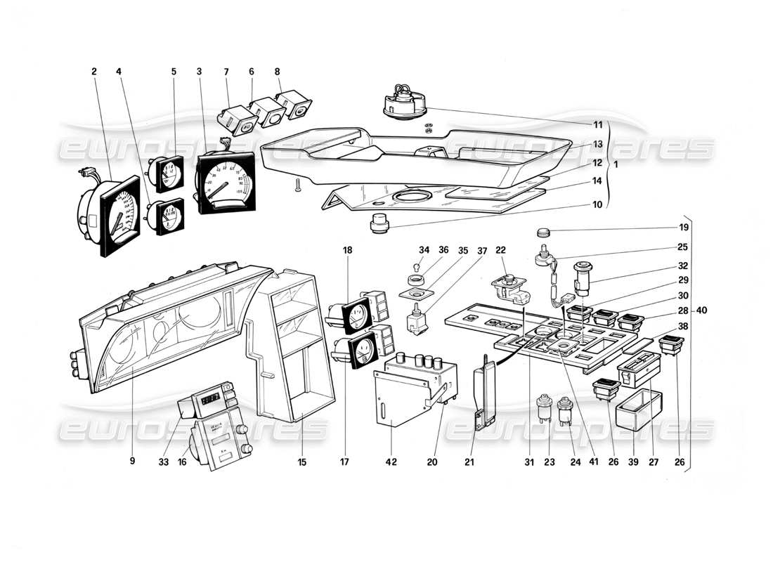 ferrari testarossa (1987) schema delle parti degli strumenti e degli accessori dell'abitacolo (non per la versione usa my 1987).