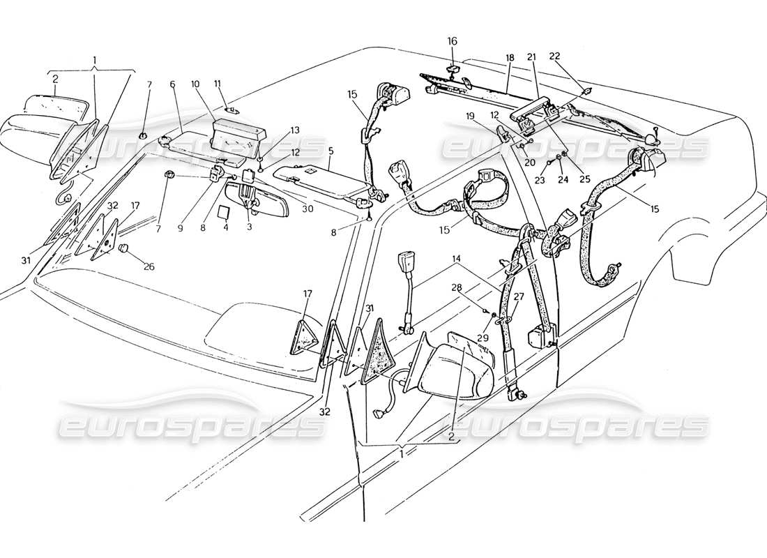 maserati 222 / 222e biturbo diagramma delle parti delle cinture di sicurezza, degli specchietti e dell'aletta parasole