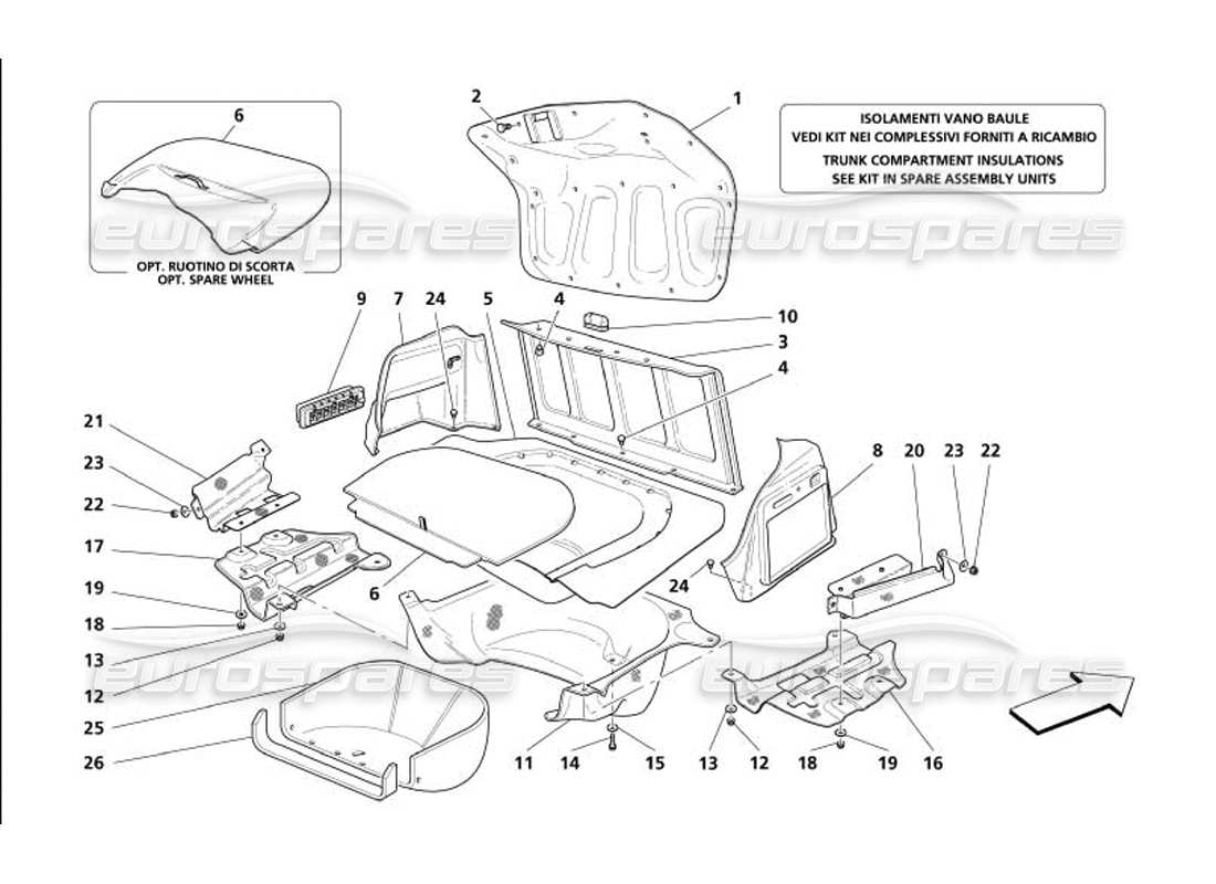 maserati 4200 gransport (2005) finiture del vano del cofano del bagagliaio: diagramma delle parti della presa d'aria e degli scudi contro la brughiera
