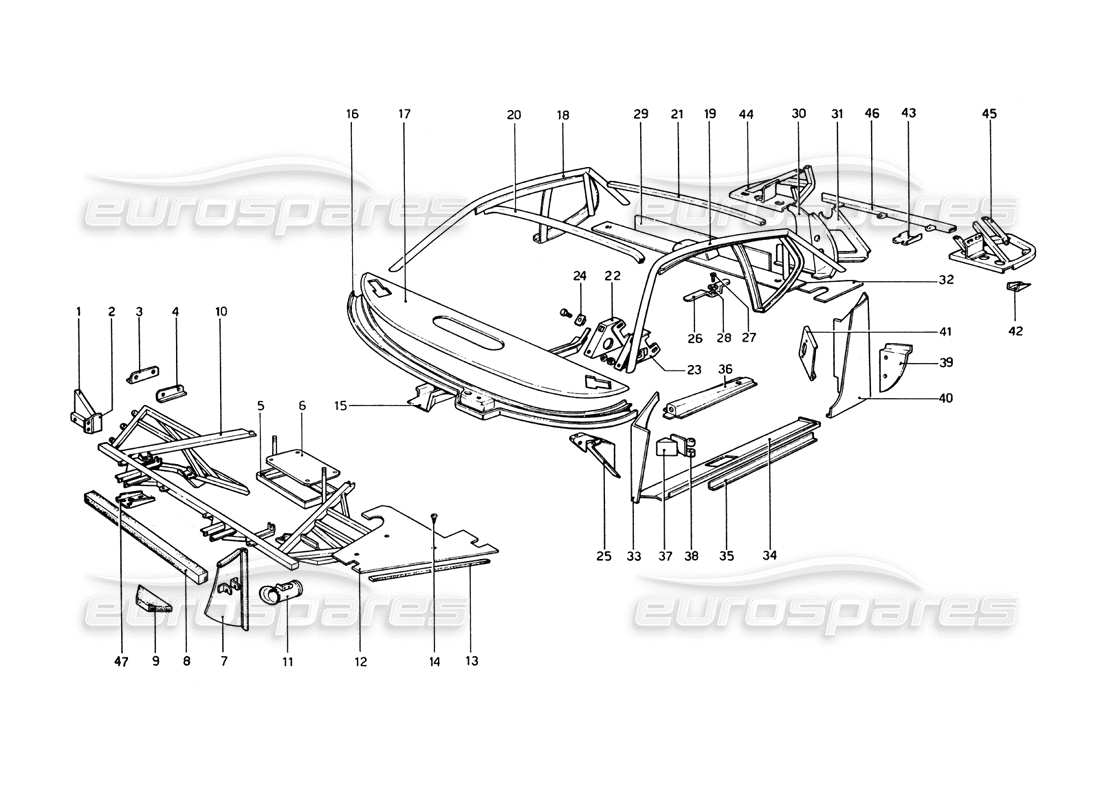 ferrari 365 gt4 berlinetta boxer scocca - diagramma delle parti degli elementi interni