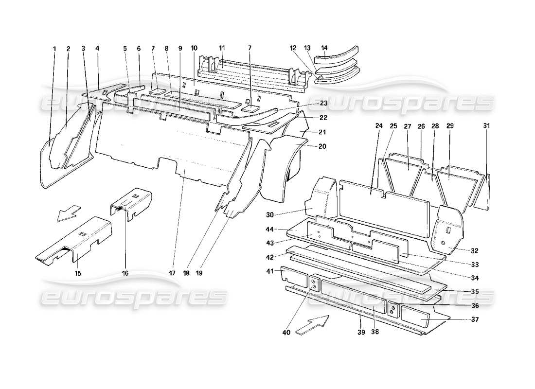 ferrari mondial 3.2 qv (1987) vano bagagli e passeggeri, isolamento - 3.2 mondial coupe - usa - sa - aus - ch87 - ch88 diagramma delle parti escluse
