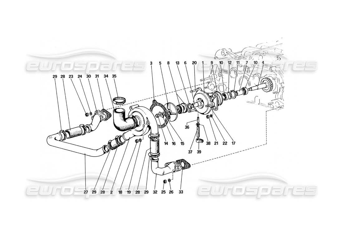ferrari 512 bbi diagramma delle parti della pompa dell'acqua e delle tubazioni