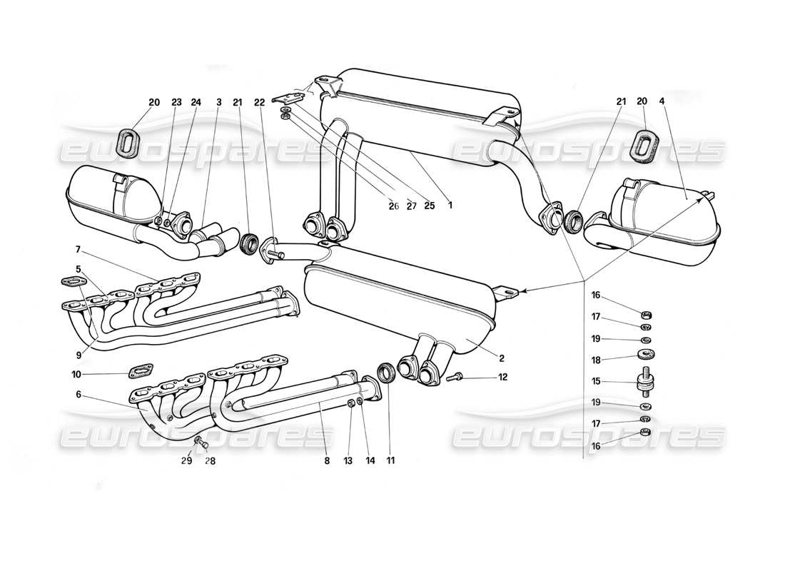 ferrari testarossa (1990) sistema di scarico (per versione b1 - gd1) diagramma delle parti