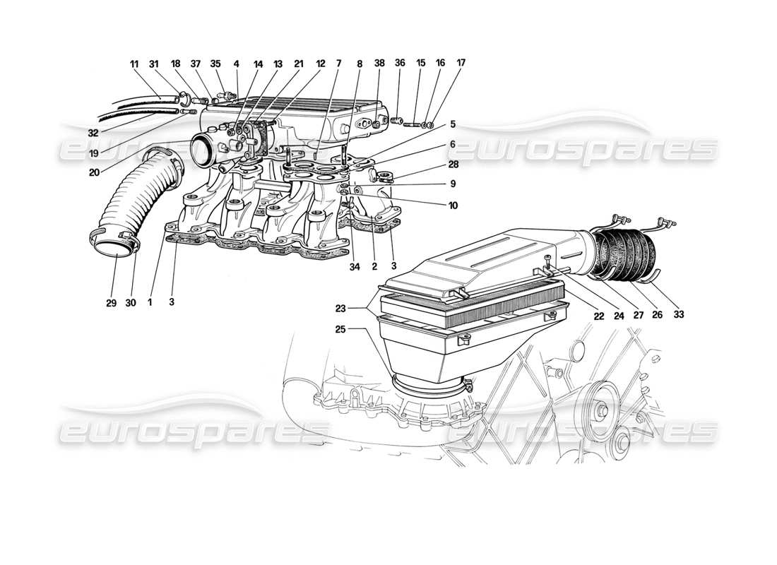 ferrari mondial 3.2 qv (1987) aspirazione aria e collettori diagramma delle parti
