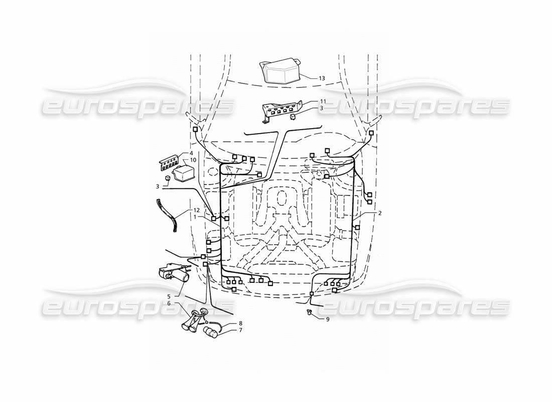 maserati qtp. 3.2 v8 (1999) impianto elettrico: schema delle parti del vano motore (guida a sinistra, guida a destra).