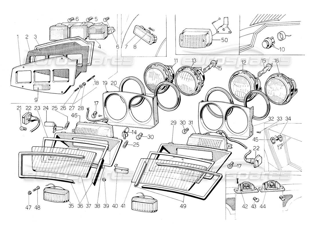 lamborghini countach 5000 qv (1985) schema parziale dei fari e degli indicatori di direzione