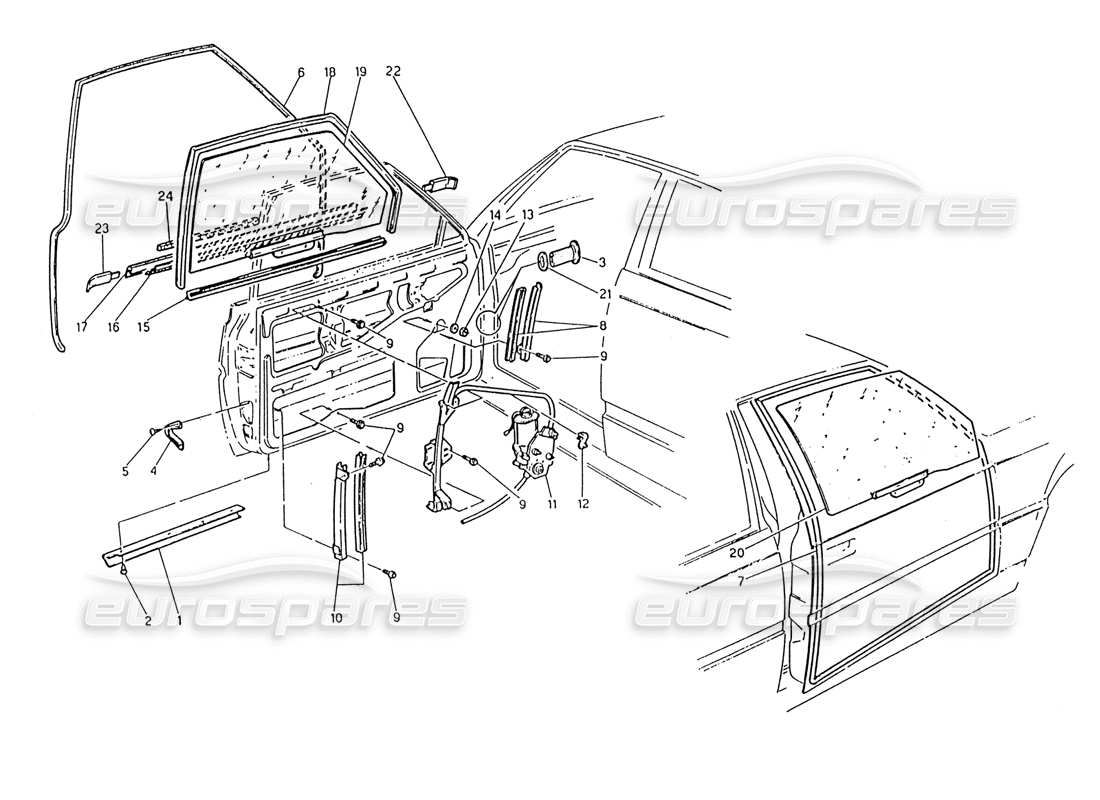 maserati 222 / 222e biturbo porte: diagramma delle parti di finestre e regolatori