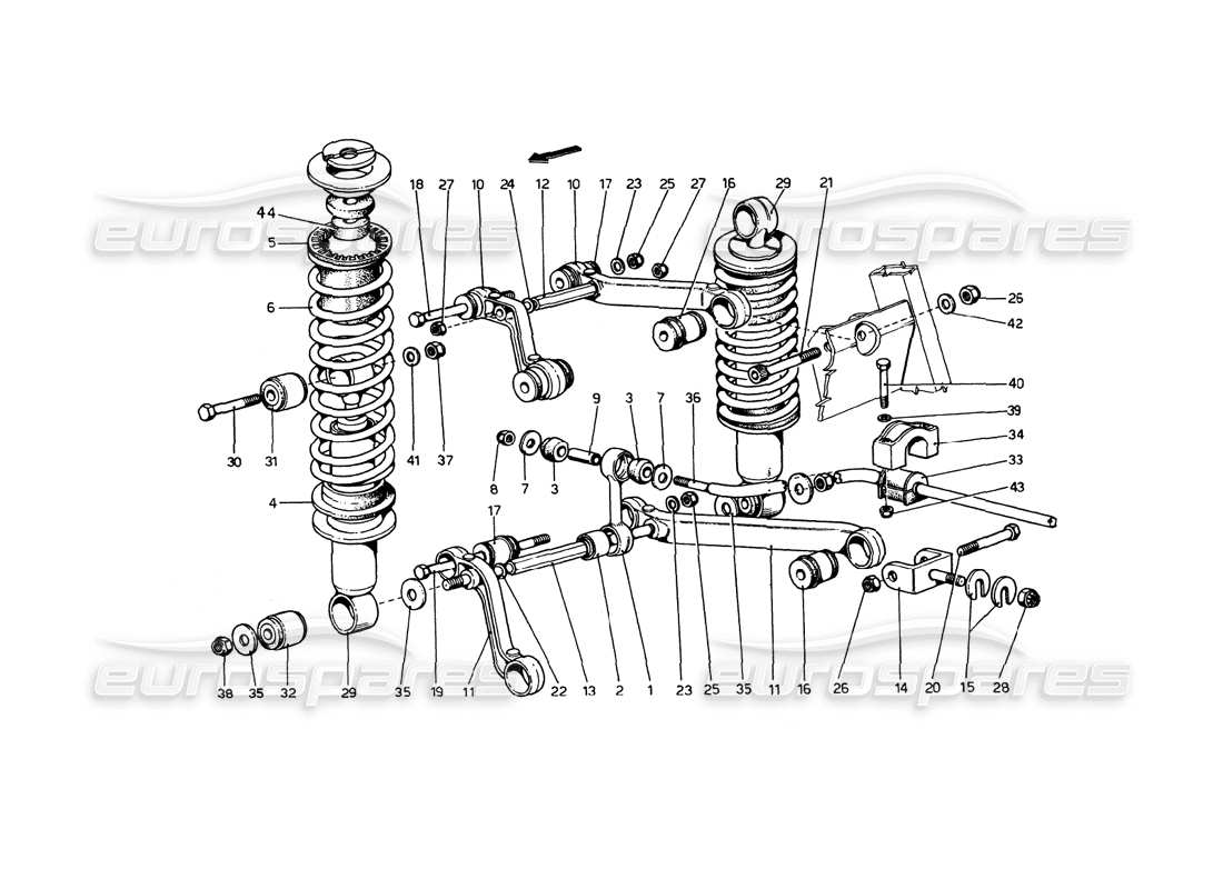 ferrari 365 gt4 berlinetta boxer sospensione posteriore: schema delle parti bracci trasversali e ammortizzatori