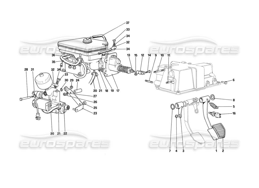 ferrari mondial 3.2 qv (1987) schema delle parti dell'impianto idraulico dei freni (per auto con sistema antiscivolo).