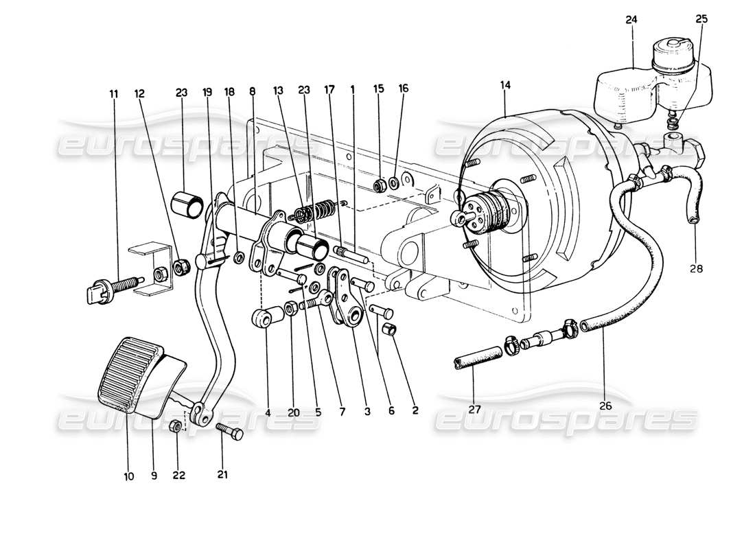 ferrari 365 gt4 2+2 (1973) schema delle parti dell'impianto idraulico dei freni (variante per versioni con guida a destra).