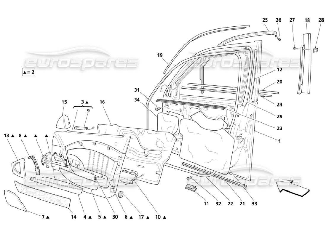 maserati qtp. (2006) 4.2 porte anteriori: diagramma delle parti della tappezzeria