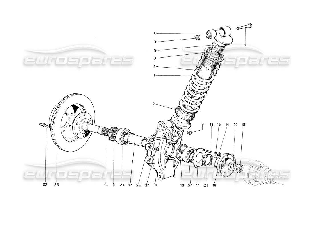 ferrari 208 gt4 dino (1975) sospensione posteriore - ammortizzatore e disco freno schema parte