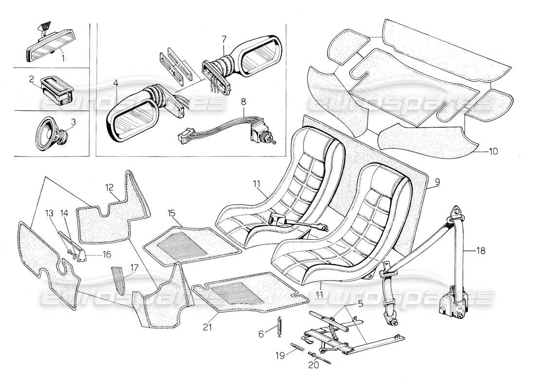 lamborghini countach 5000 qv (1985) sedili, accessori e allestimenti diagramma delle parti