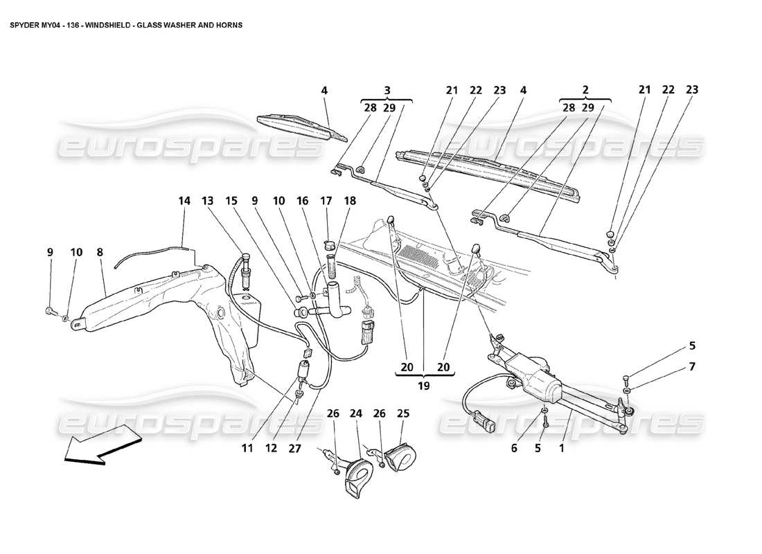 maserati 4200 spyder (2004) windshield glass washer and horns part diagram