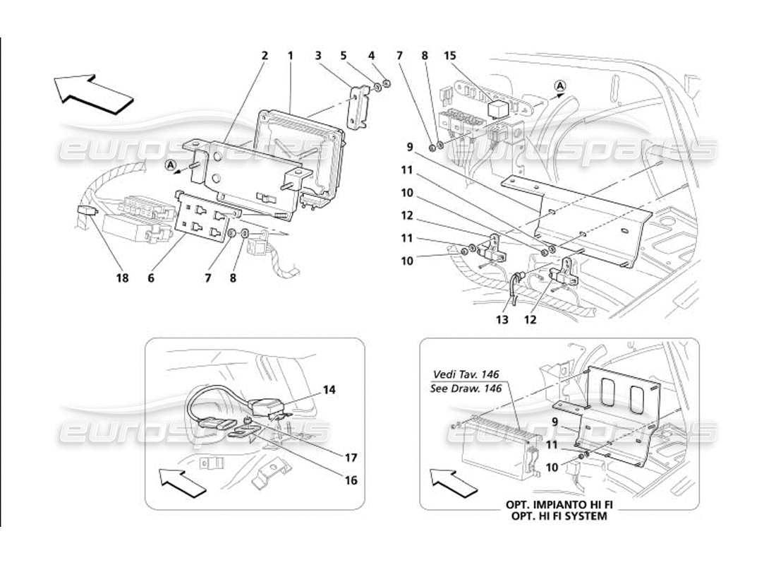 maserati 4200 gransport (2005) diagramma delle parti del sensore e delle unità di controllo del cofano del bagagliaio lato destro