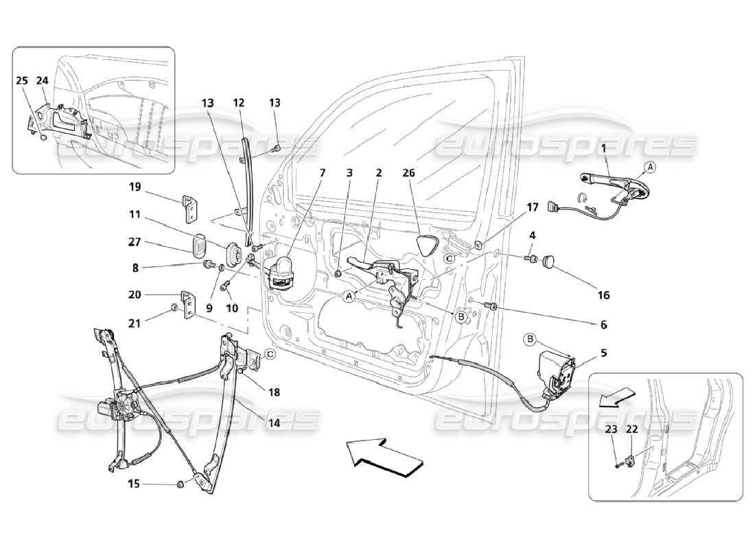 maserati qtp. (2006) 4.2 porte anteriori: diagramma delle parti dei dispositivi di movimento