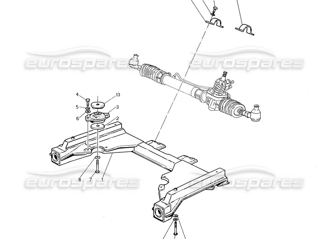 maserati 222 / 222e biturbo sottotelaio anteriore e scatola sterzo diagramma delle parti