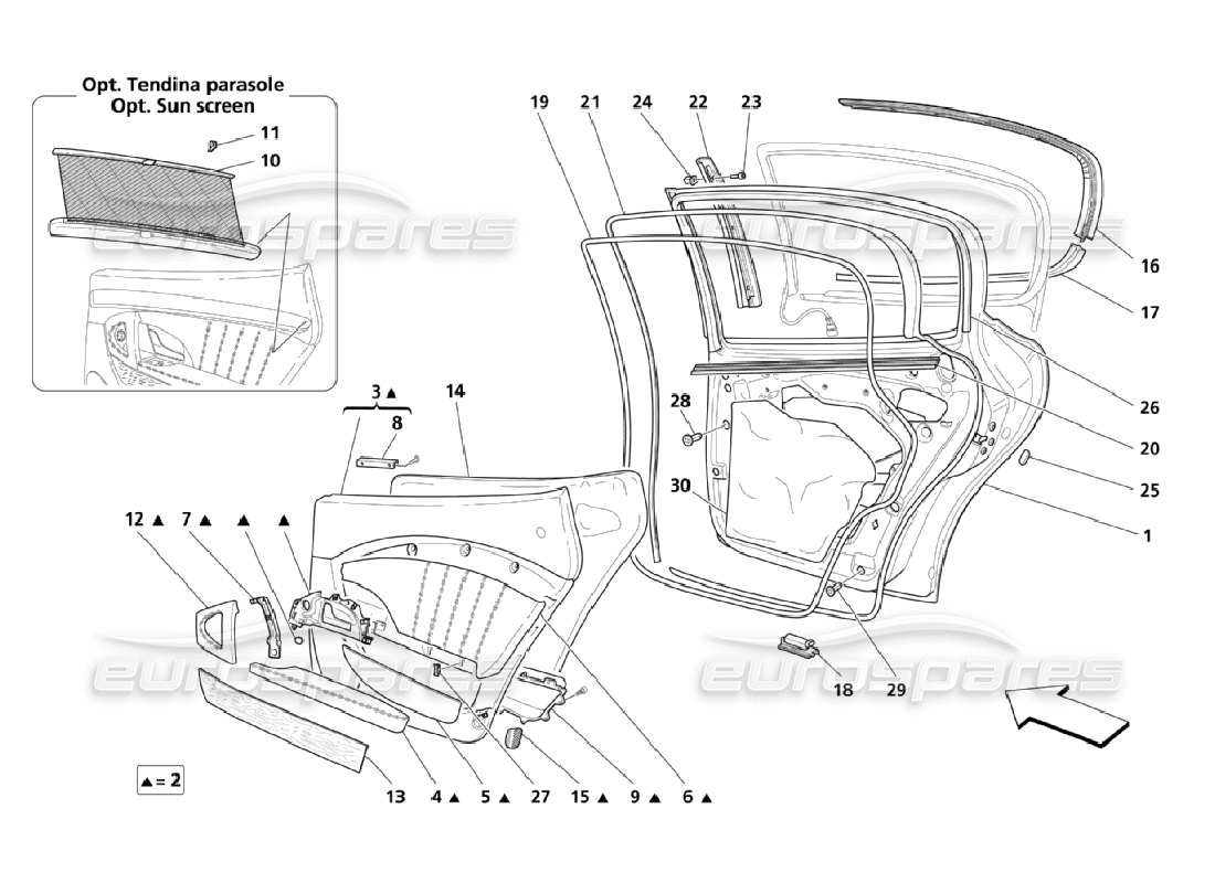 maserati qtp. (2006) 4.2 porte posteriori: pannelli diagramma delle parti