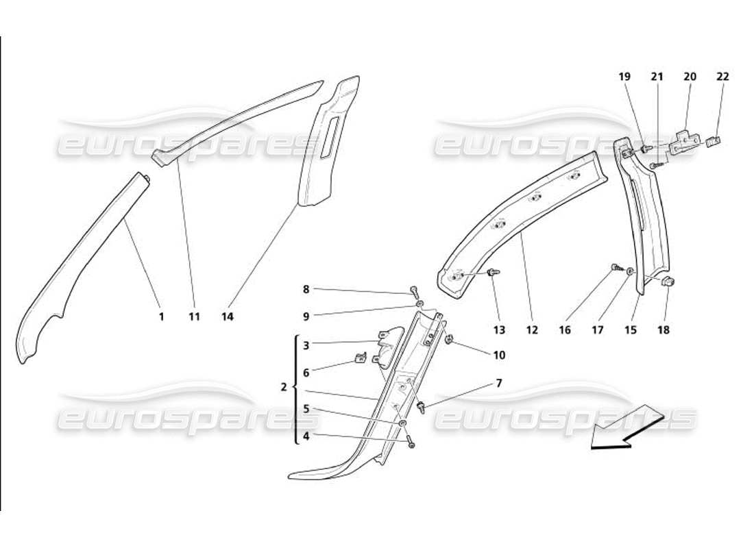 maserati 4200 gransport (2005) copertura interna - copertura del montante centrale e anteriore - copertura della guida laterale diagramma delle parti