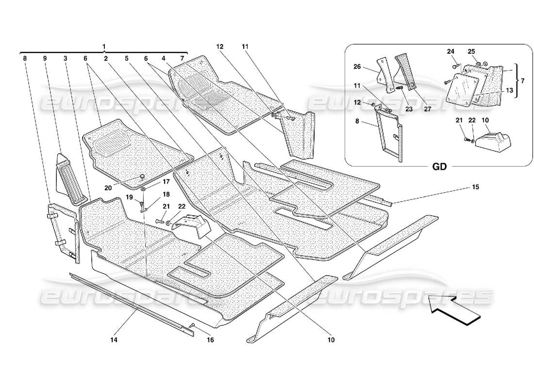 ferrari 456 gt/gta schema delle parti della tappezzeria e della moquette dell'abitacolo passeggeri