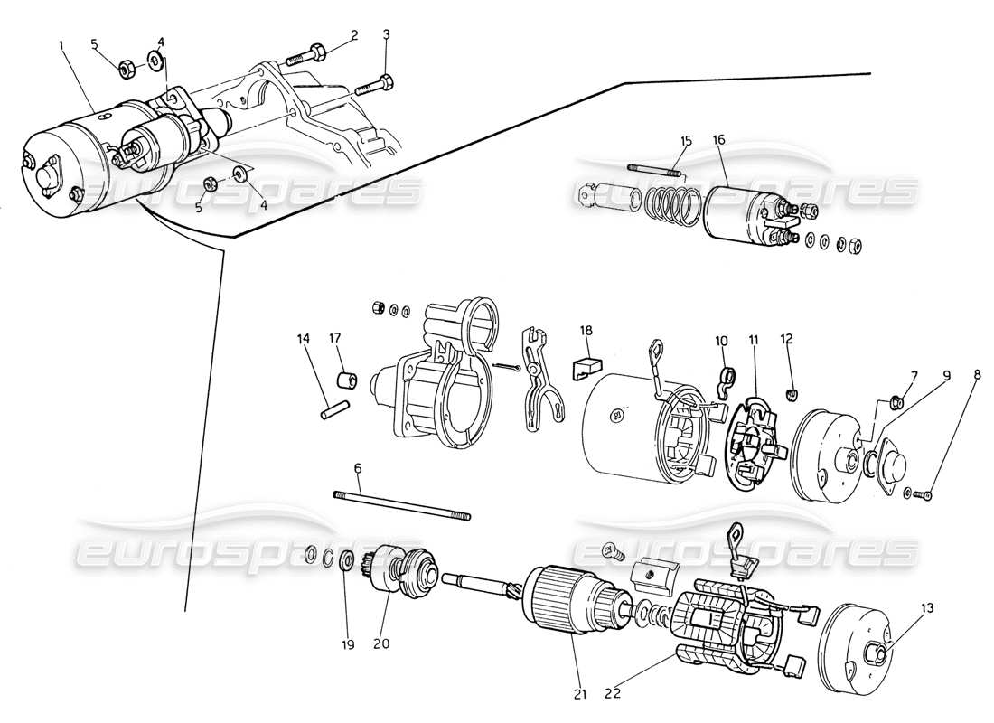 maserati 222 / 222e biturbo schema delle parti del motorino di avviamento marelli